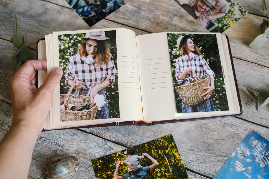 Photo album with photos of a woman holding a basket