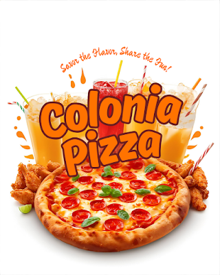 "Pizza with pepperoni and basil in front of three colorful drinks and crispy chicken. Above, the text 'Colonia Pizza' exudes a fun, inviting vibe."