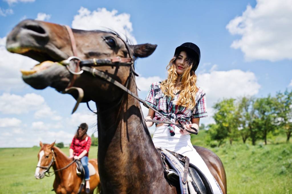 Two girls taking part in a sunny horseback excursion across a vast, green field.