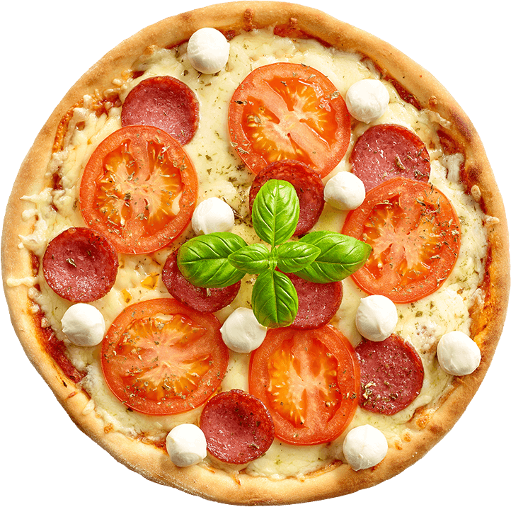 Classic pizza topped with fresh tomato slices, pepperoni, mini mozzarella balls, and a basil sprig on melted cheese and tomato sauce.