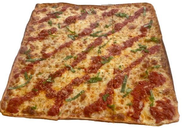 Square pizza with a thin crust, topped with mozzarella, diagonal tomato sauce drizzles, and fresh basil strips. The golden brown crust looks crispy.