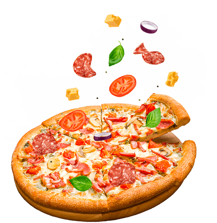 A vibrant pizza with mushrooms, tomatoes, salami, and basil sits on a wooden platter. Ingredients hover above, against a dark background, conveying a dynamic and fresh appeal.